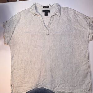 Tahari Womens Popover Striped 100% Linen V Neck Top Blouse Shirt Size Large L